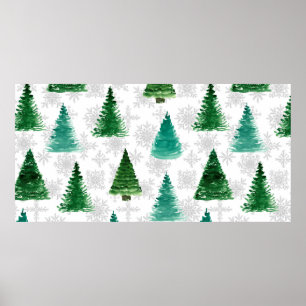 Poster Padrão sem costura com abetos e flocos de neve. W