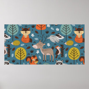 Poster Padrão sem costura com animais da floresta em fun