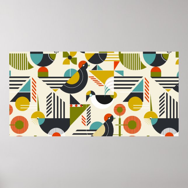Poster Padrão sem costura com aves estilizadas em retro b (Frente)