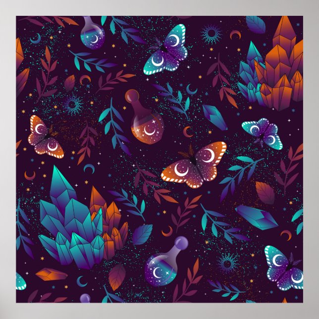 Poster Padrão sem costura com borboleta espacial, cristai (Frente)