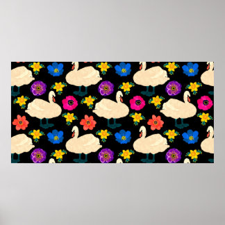 Poster Padrão sem costura com cisnes e flores, desenhar d
