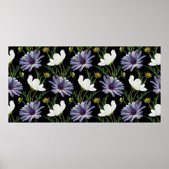 Poster Padrão sem costura com cosmos brancos e margarida  (Frente)