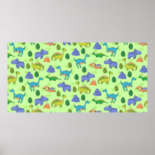 Poster Padrão sem costura com diferentes dinossauros fof