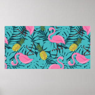Poster Padrão sem costura com flamingos cor-de-rosa e co