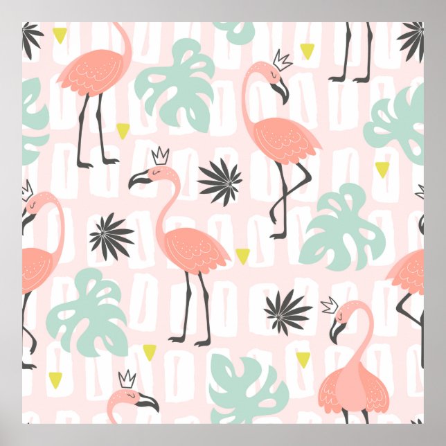 Poster Padrão sem costura com flamingos cor-de-rosa e pal (Frente)