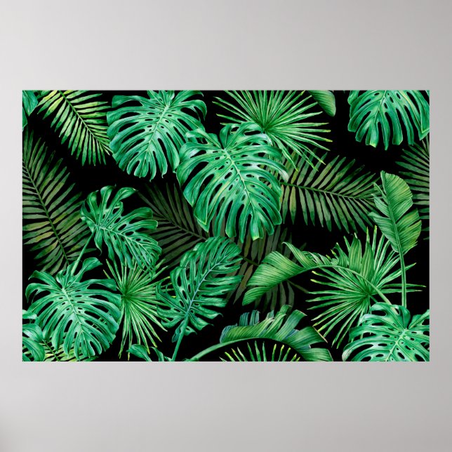 Poster Padrão sem costura com folhas tropicais em uma ban (Frente)