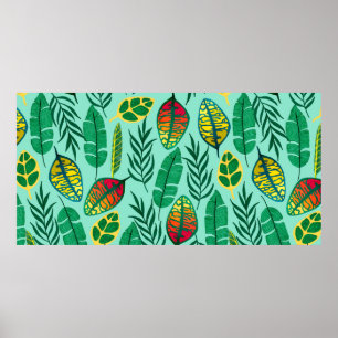 Poster Padrão sem costura com folhas tropicais. Gouache a