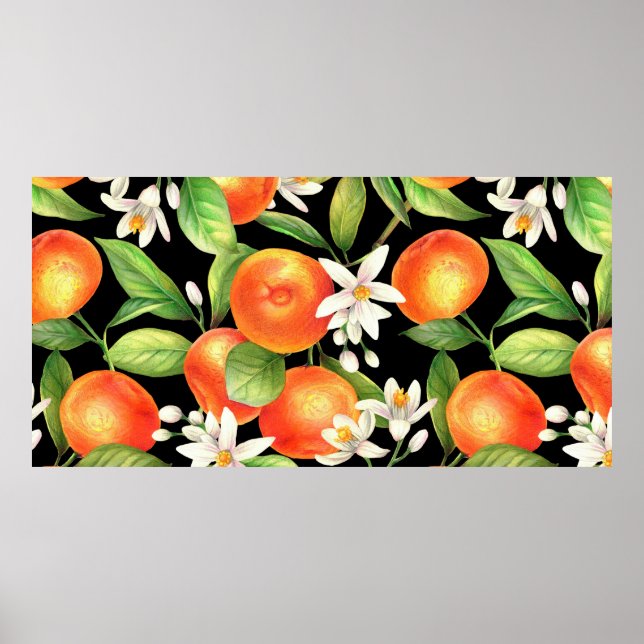 Poster Padrão sem costura com frutas de laranja, flores e (Frente)