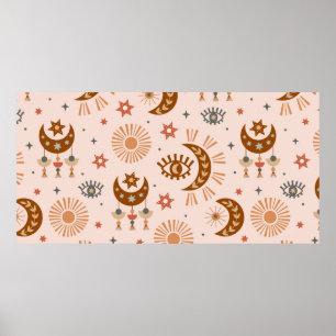 Poster padrão sem costura com o olho celeste, lua, sol