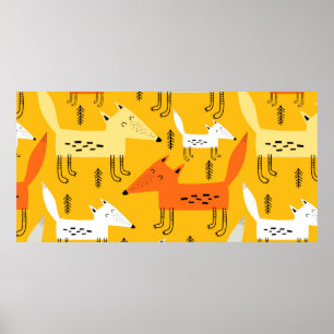 Poster Padrão sem costura com raposas de cartoon, element