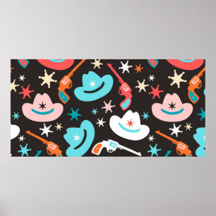 Poster Padrão sem costura com revólveres, chapéus de cowb