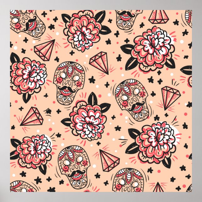 Poster Padrão sem costura com rosas, diamantes e (Frente)