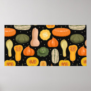 Poster Padrão sem costura com variedades de abóbora e d