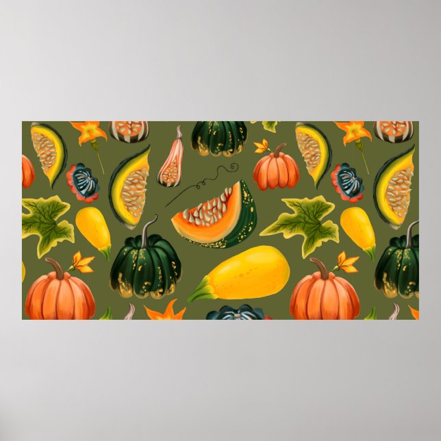 Poster Padrão sem costura de abóboras e folhas em verde (Frente)