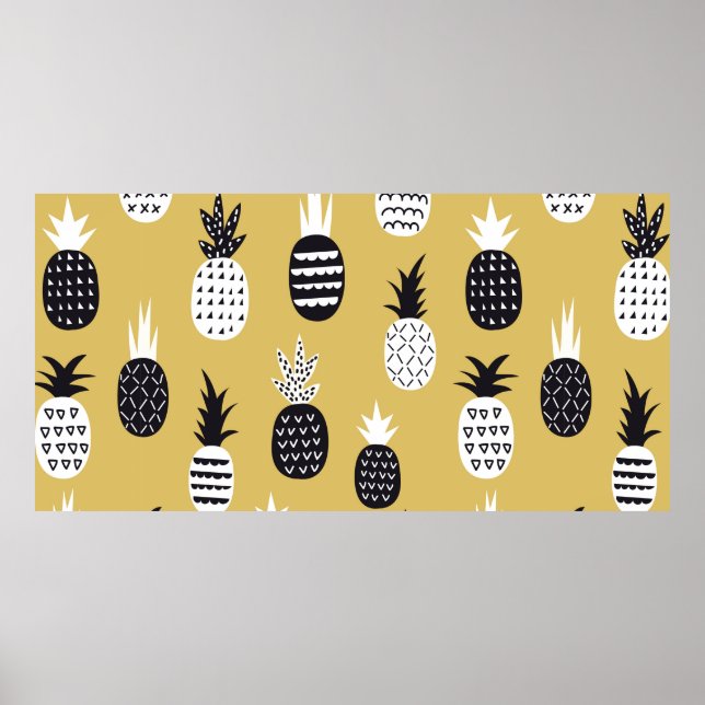 Poster Padrão sem costura de ananás preto e branco (Frente)