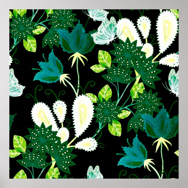Poster Padrão sem costura de aquarela com flores de fanta (Frente)