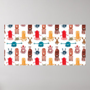 Poster Padrão sem costura de aquarelas e monstros engraça