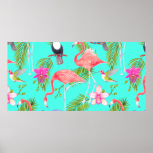 Poster Padrão sem costura de aves de aquarela tropical