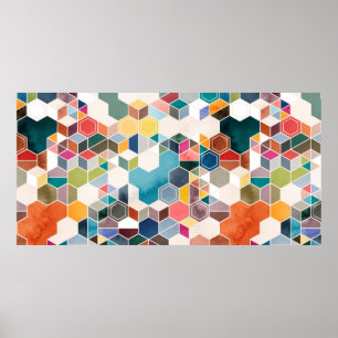 Poster Padrão sem costura de hexágonos em cores aleató
