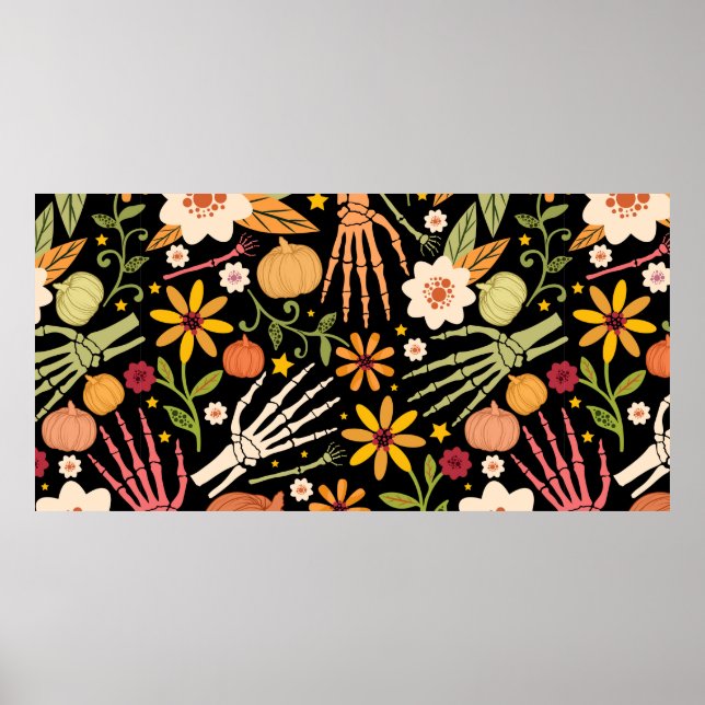 Poster Padrão sem costura do Halloween com ossos e flores (Frente)