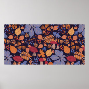 Poster Padrão sem costura do outono com folhas, ramos e 