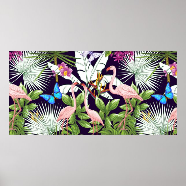 Poster Padrão sem costura, fundo com flamingo e retrato (Frente)