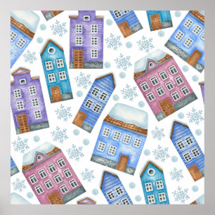Poster Padrão sem costura que retrata casas de inverno e 