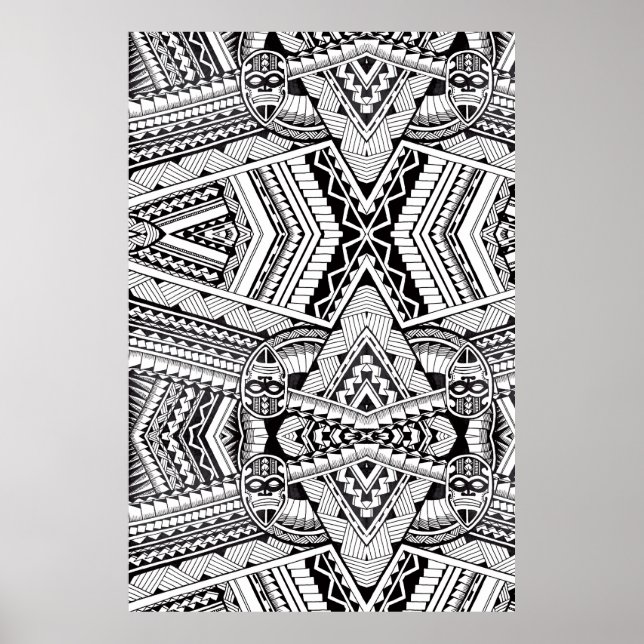 Poster Padrão Tribal Mandala Preto e Branco (Frente)