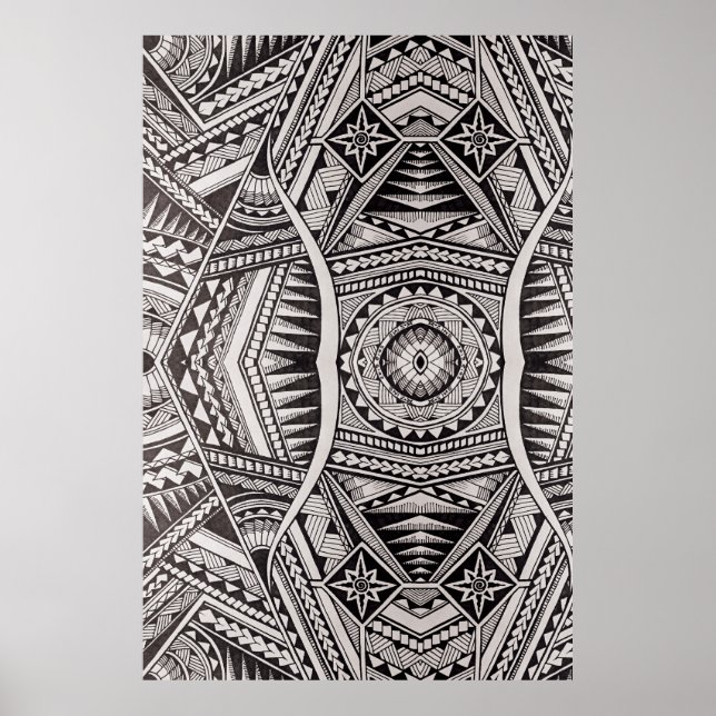 Poster Padrão Tribal Mandala Preto e Branco (Frente)