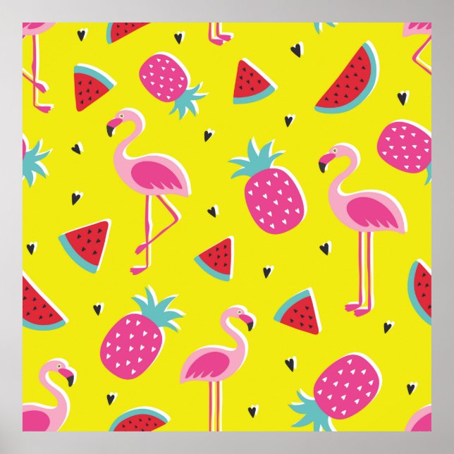 Poster padrão tropical com abacaxi rosa, flamingos, w (Frente)