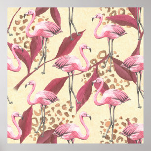 Poster Padrão tropical sem costura com flamingo rosa, fol
