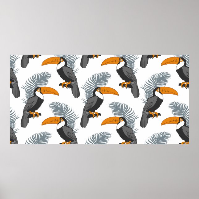 Poster Padrão tropical uniforme com tucanos e folhas.  (Frente)