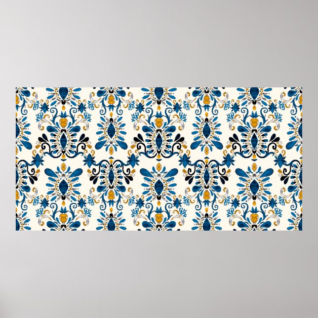 Poster Padrão uniforme de aquarela com ikat. Tie dye wat (Frente)