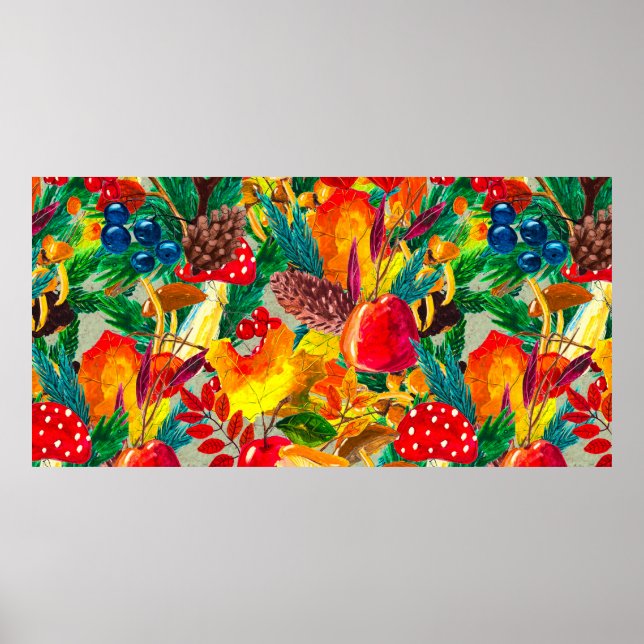 Poster Padrão uniforme de aquarela de outono com folhas (Frente)