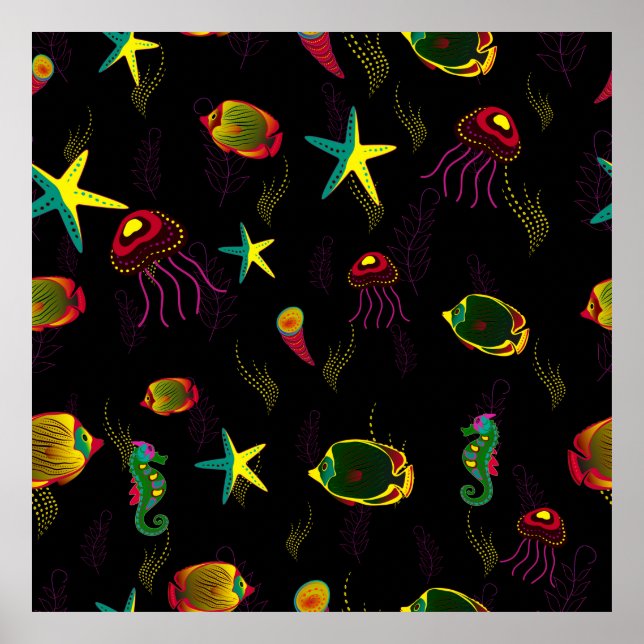 Poster Padrão uniforme de peixe amarelo, preto e marrom. (Frente)