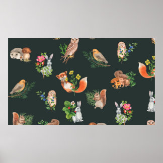 Poster Padrão uniforme desenhado à mão com floresta aquos