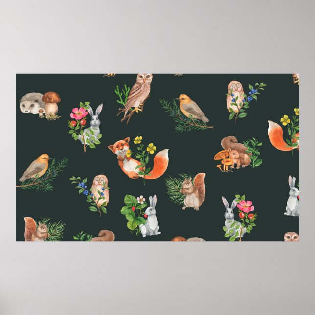 Poster Padrão uniforme desenhado à mão com floresta aquos (Frente)