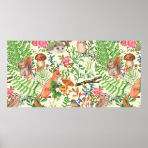 Poster Padrão uniforme desenhado à mão com floresta aquos