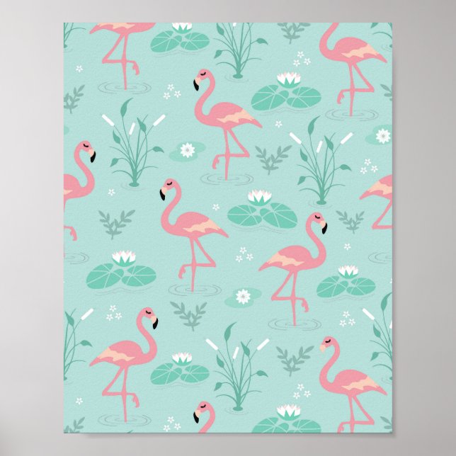 Poster Padrão Verde Flamingos Rosa Pastel (Frente)
