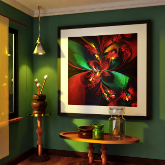 Poster Padrão Verde Vermelho Abstrato Floral Moderno #11