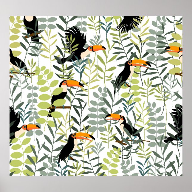 Poster Padrão Vintage Toucans Green Leaves (Frente)
