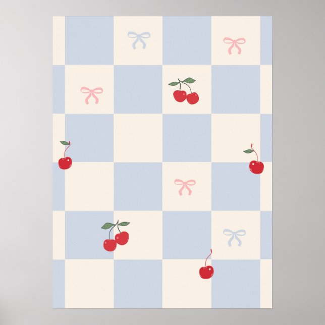 Poster Padrão xadrez azul com cerejas (Frente)