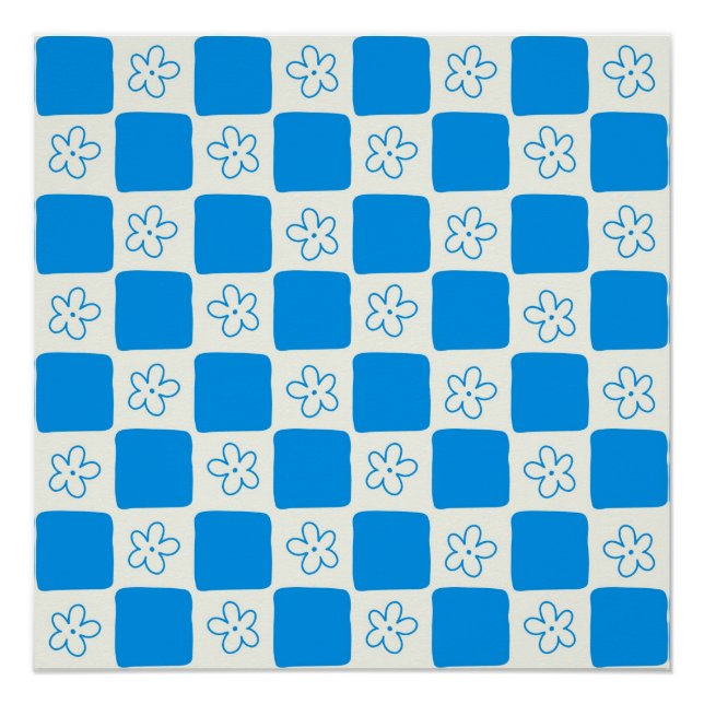 Pôster Padrão Xadrez Flor Azul Préppy (Frente)
