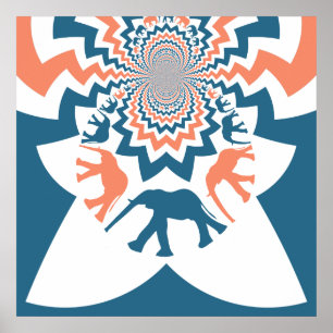 Pôster Padrões de cromo azul-coral de elefantes caminhan