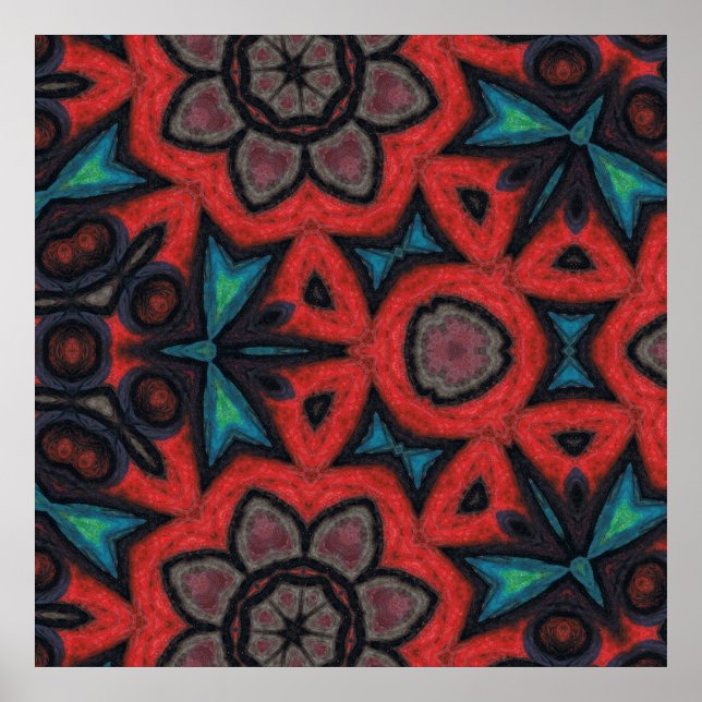 Poster Padrões Florais de Mandala de Caleidoscópio Vermel (Frente)
