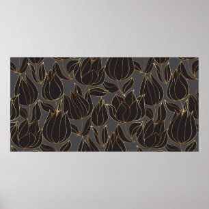 Poster Padrões florais de tulipas de luxo preto e dourad