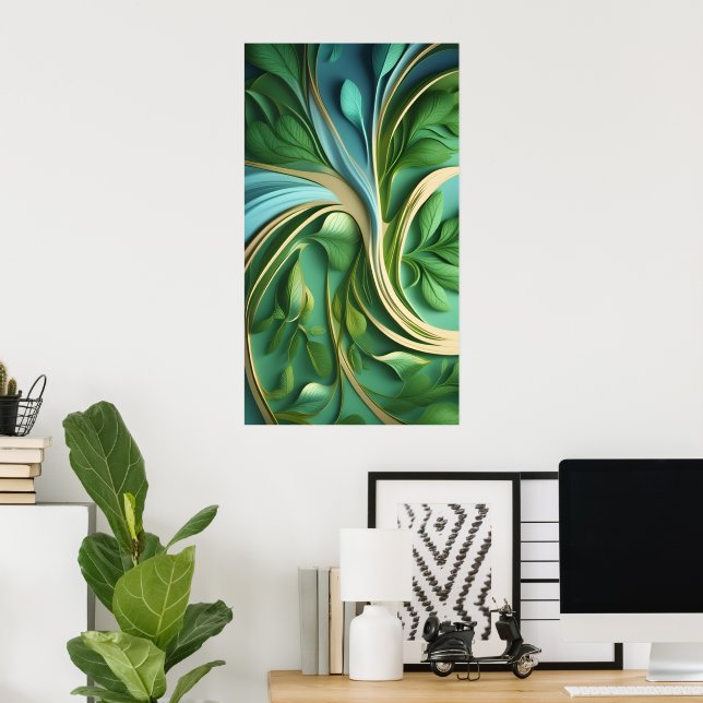 Poster Padrões giratórios de folhas verdes vibrantes (Escritório em casa)
