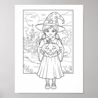 Poster Página de Coloração do Halloween - Uma Menina com 