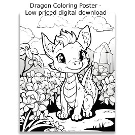 Poster Página de cores - Dragão bonito, Colore seu própri