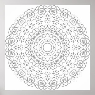 Poster Página para Colorir Mandala do Coração com Padrão